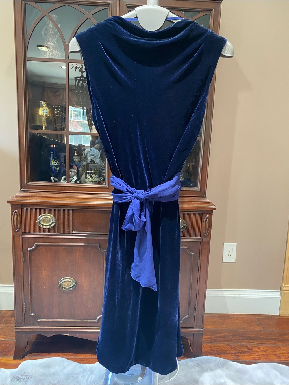 BCBGMaxAzria Navy Velvet Midi Dress with Royal Blue Waist Tie